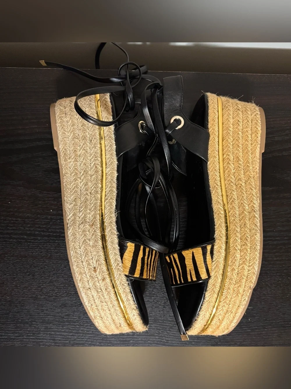 Espadrille Platform Sandals w/Tiger-Print Strap & Wrap Around Ankle Ties |Sz 8.5